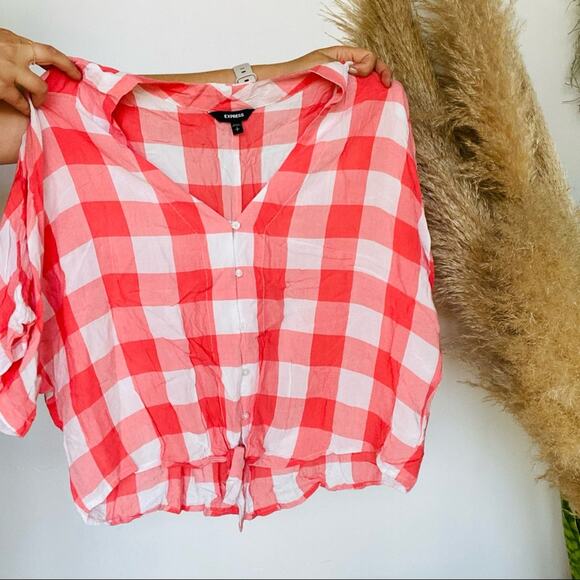 EXPRESS Pink Salmon White Checkered Picnic Button Tie Front Blouse Shirt Top S - Picture 7 of 7